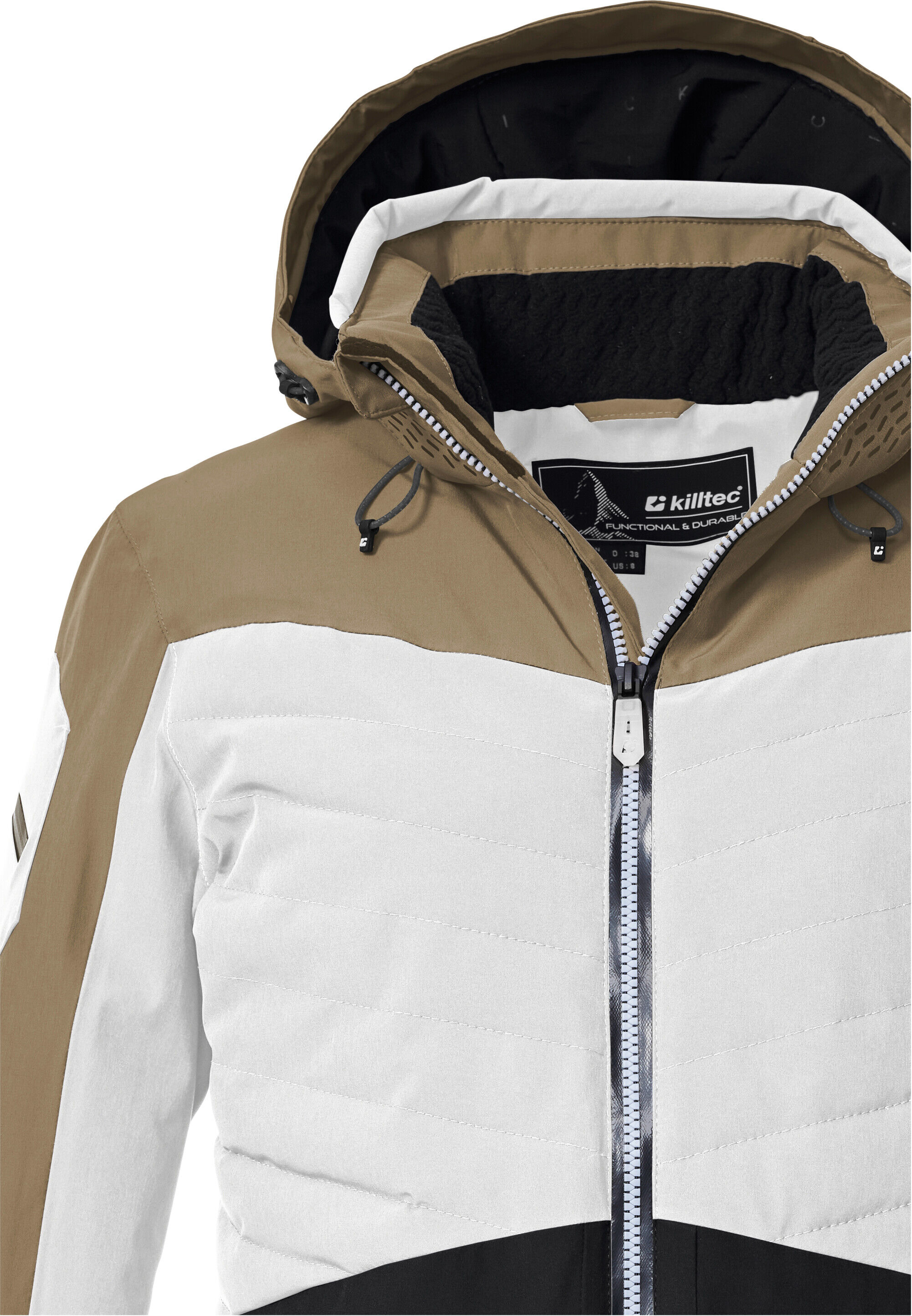 Skijacke KILLTEC "KSW 30 WMN SKI JCKT", Damen, Gr. 38, braun (naturweiß), Obermaterial: 100% Polyester.Futter: 100% Polyester.Füllung: 100% Polyester, Jacken Skijacke, Damen Skijacke: wasserdicht, atmungsaktiv, Colourblock-Design naturweiß 38
