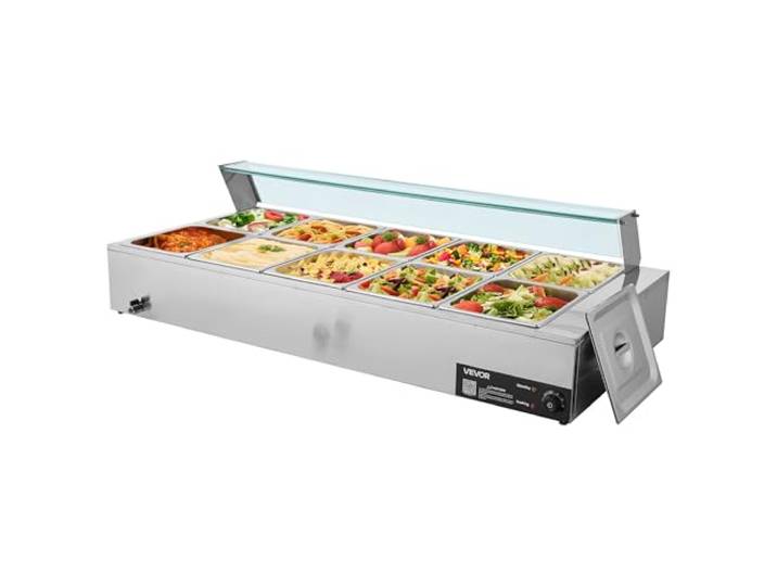 VEVOR kommerzieller Speisenwärmer (10 x 1/2 Größe Behälter), 1,7 kW elektrischer Wärmebehälter aus Edelstahl mit Glasabdeckung & Suppenkelle, Chafing Dishes für Catering Restaurant Party