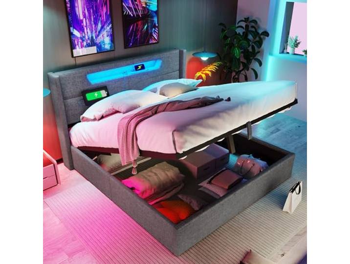 Merax Polsterbett 140x200cm, Doppelbett mit Stauraum und Lattenrost, LED Kopfteil mit USB Ladefunktion, Hydraulisch Stauraumbett Funktionsbetten Bettgestell, Leinen, Jugendbett, ohne Matratze, Grau