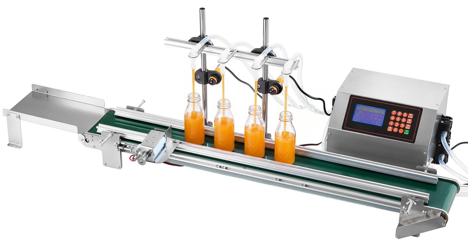 Automatische Abfüllmaschine - Flüssigkeitsabfüller - 10-500 g - Förderband - 4 Düsen - Digitale Waage - Höhenverstellbar - Edelstahlgehäuse