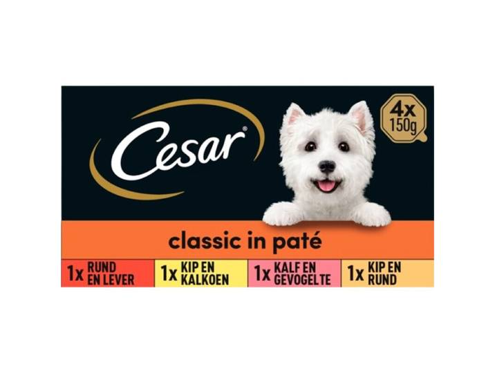 Cesar natvoer voor volwassen honden mix met kip &amp; kalkoen, rundvlees &amp; lever, kalfsvlees &amp; gevogelte, lam &amp; kalkoen 4 × 150 g