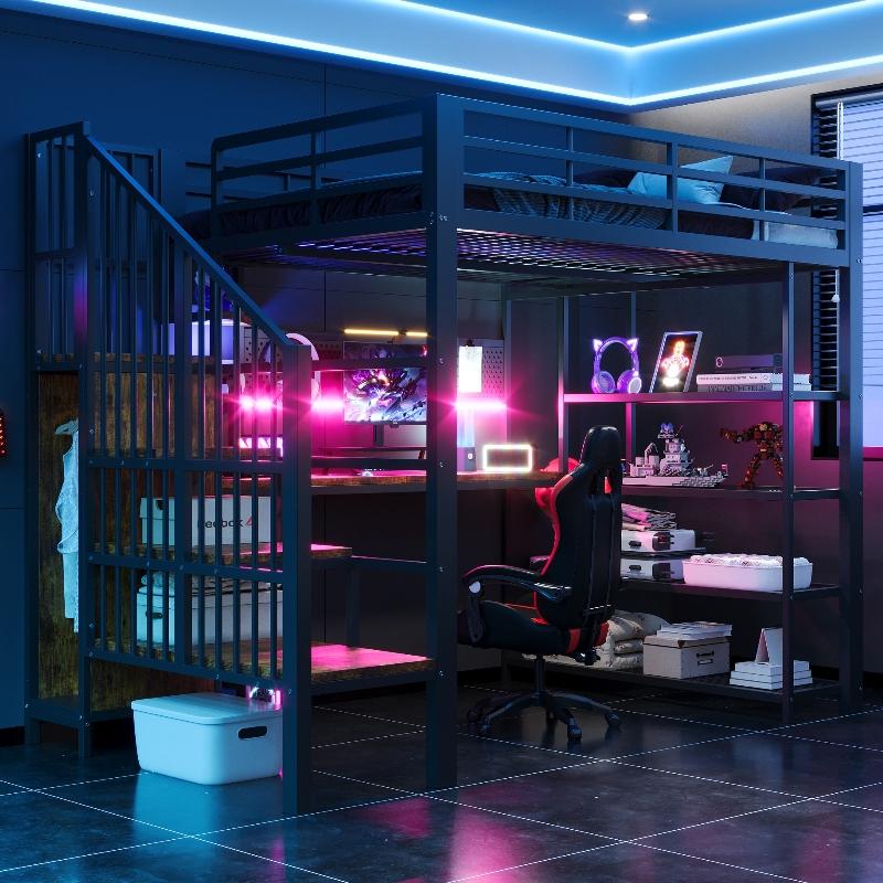 Metall Hochbett 140x200 cm Schwarz, Hochbett mit langem Schreibtisch, LED-Lichtleiste, Treppe mit Stauraum für Schlafzimmer