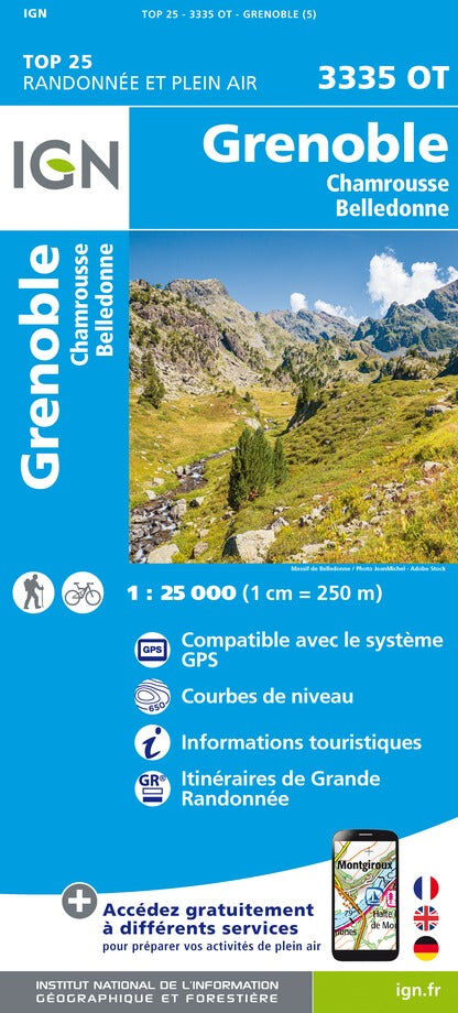 Carte de randonnée IGN TOP 25 n° 3335 OT - Grenoble, Chamrousse & chaîne de Belledonne (Alpes)