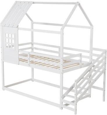 Costway Twin House Bed with Stairs and Roof for Kids-White