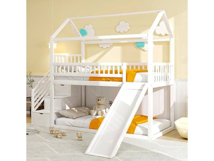 Ball & Cast Kinderhochbett (90x200cm) mit Stauraumleiter und Rutsche, Massivholz Loft Bed mit Hohe Zaunkonstruktion, Stabil & Rauschlos, Weiß