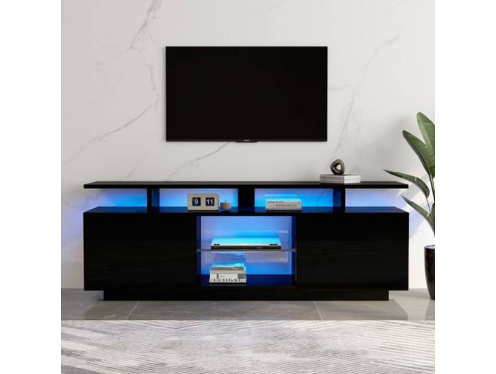 Meuble TV noir moderne avec clairage LED 16 couleurs rangement lgante compartiment en verre noir-HAUSS SPOLE