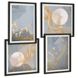 BILDER SET 4er Set - 50x50 cm & 40x60 cm Schwarzer Rahmen - Vögel im Flug, Himmel, Mond