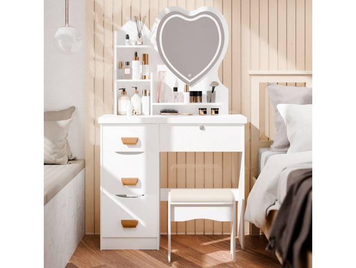 Coiffeuse avec tabouret - CREMLANK - 4 tiroirs - 80X40X135CM - En forme de cœur - éclairé par LED
