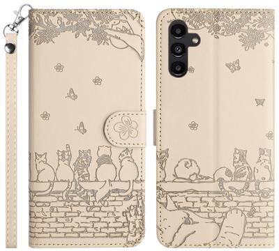 Inspired Deals Cute Cat Embossed Wallet Phone Case For Samsung Galaxy With Card Holder And Lanyard For Samsung Galaxy A05s beige