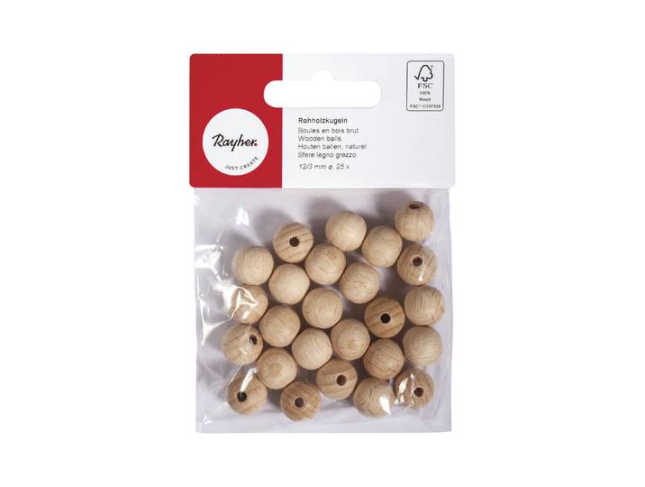 Rohholzkugeln FSC 100%,gebohrt, 12mm ø, 3mm - DL, SB-Btl 25Stück