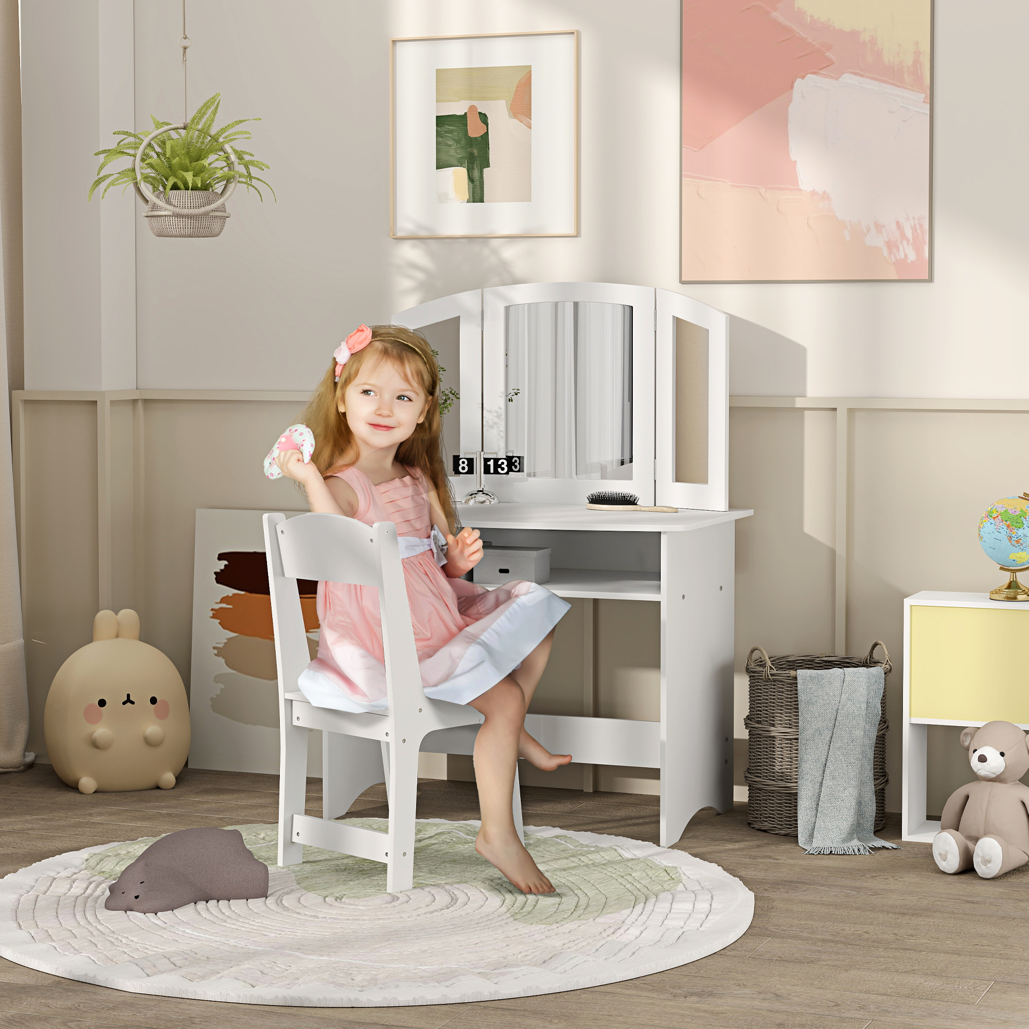 Aiyaplay Set da Trucco per Bambini con Tavolo Toeletta con Specchio Triplo Rimovibile e Sedia in Legno Bianco