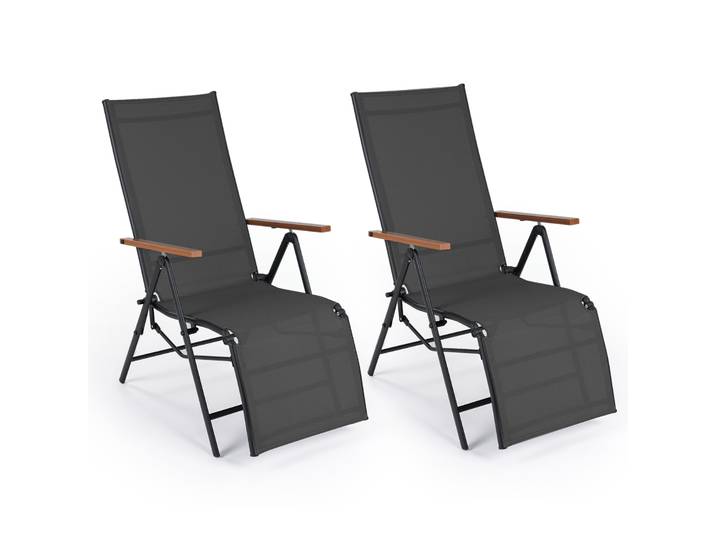 (2 Stucks) Opvouwbare Ligstoel Verstelbare Stoel met Rugleuning in 5 Standen Armleuningen en Ademend Weefsel Zwart