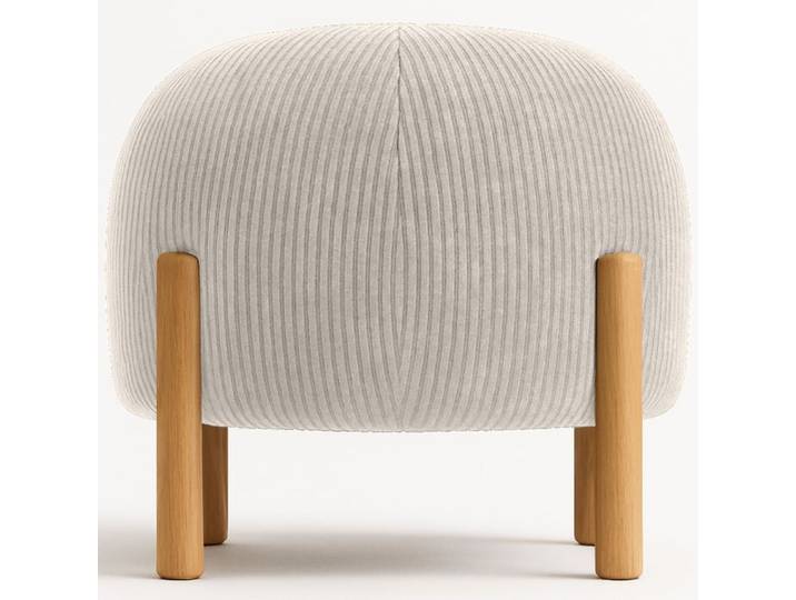 Pouf Rond Tapissé en Velours Côtelé avec Pieds en Bois Naturel - Merv Ivoire