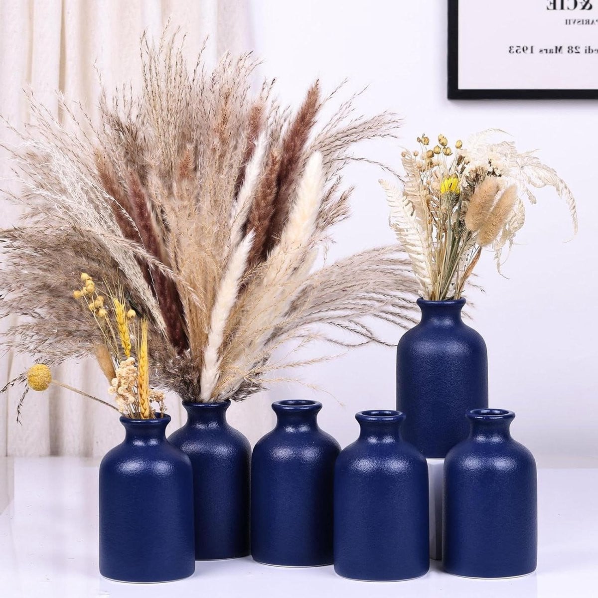 Set van 6 keramische kleine vaasjes in blauw voor landelijke decoratie