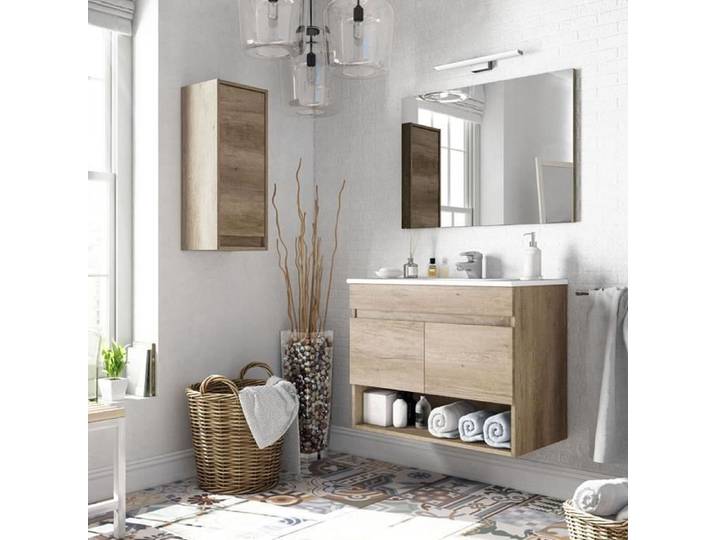 Meuble sous-vasque suspendu 2 portes + Miroir finition nordik - Dim : 64x80x45cm