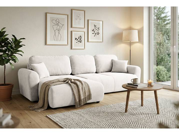 Ecksofa mit Schlaffunktion Beige Samt Parmis 279cm Longchair beidseitig montierbar mit Schlaffunktion Modern