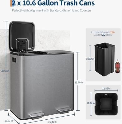 Garvee Stainless Steel Dual Trash Can with Lid, Double Compartment Step Kitchen Garbage & Recycling Bin, Removable Buckets