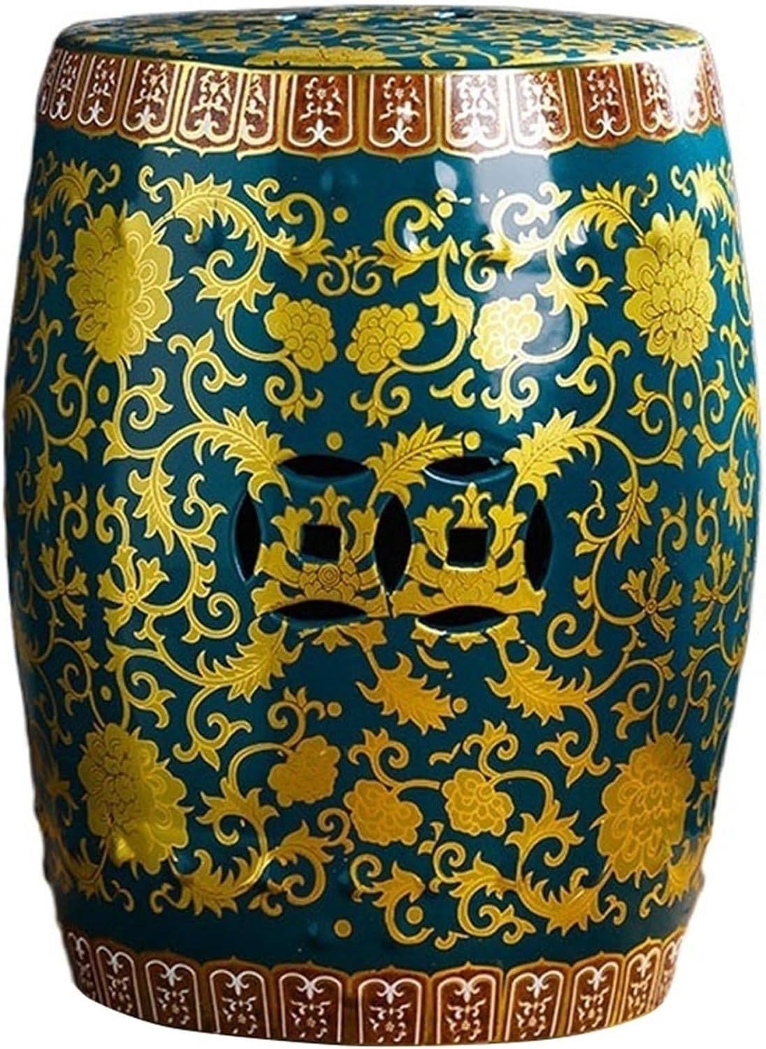 Keramische tuinkruk met geglazuurd bloemenpatroon in Peacock Blue