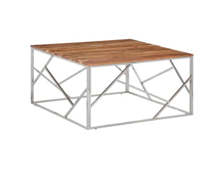 HEFZGDB Couchtisch Silbern Edelstahl und Massivholz Akazie mit schmutzabweisender Oberfläche und robustem Gestell für Wohnzimmer