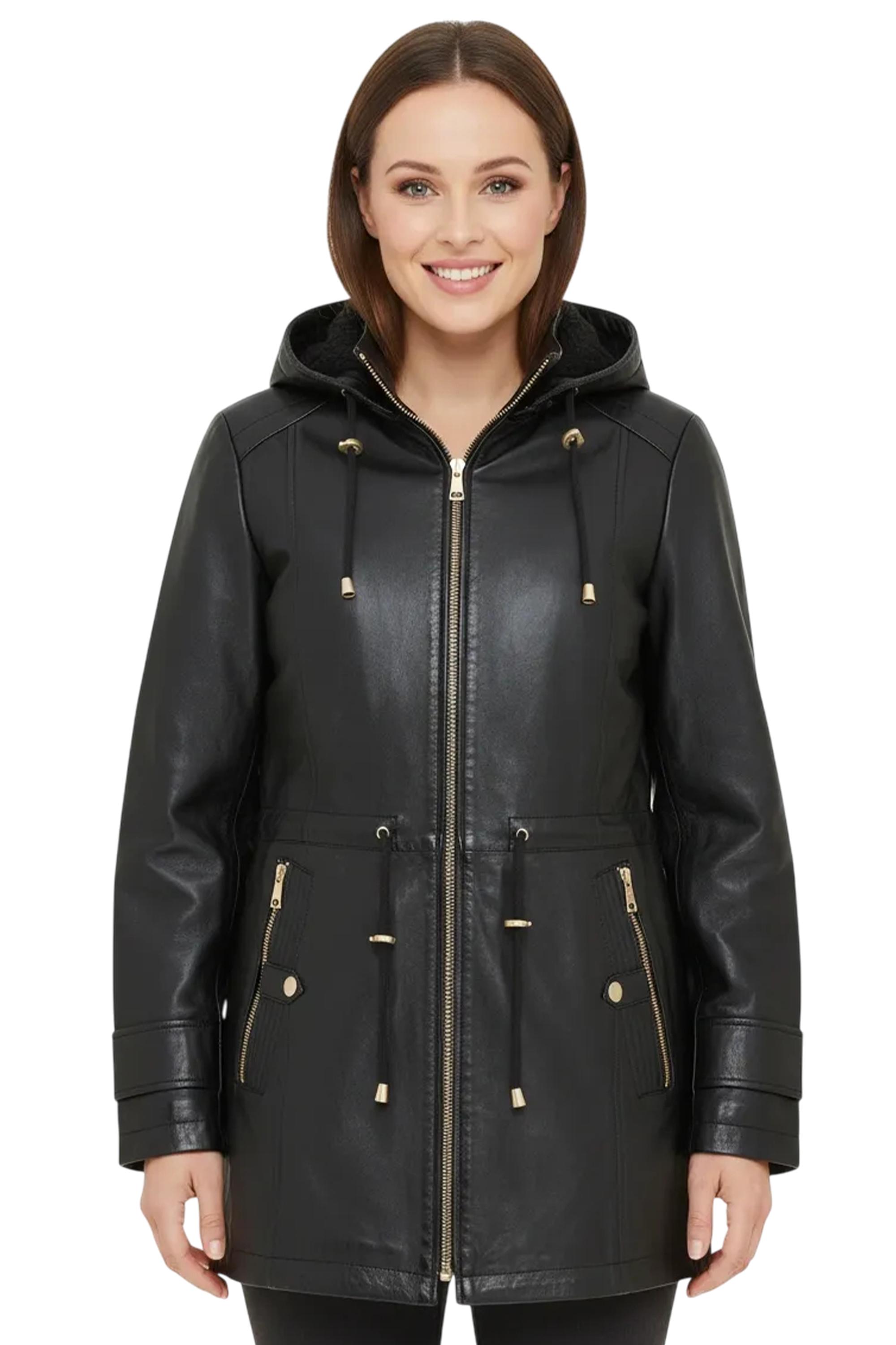 Schwarzer Lederparka für Damen mit abnehmbarer Borg-Kapuze, Trenchcoat – Emilia