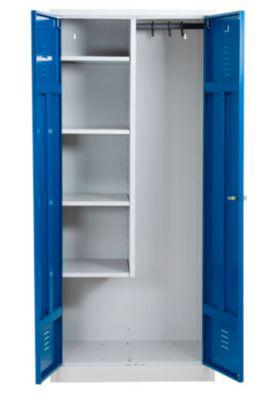 Putzmittelschrank, B 800 mm, 4 Böden, verkürzte Mitteltrennwand, abschließbar, enzianblau RAL 5010/l.grau RAL 7035