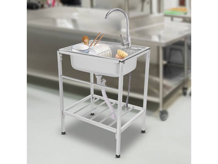 Évier commercial en acier inoxydable 304 à cuve unique, autoportant, avec robinet eau chaude et froide et étagère d'organisation 60*45*75cm