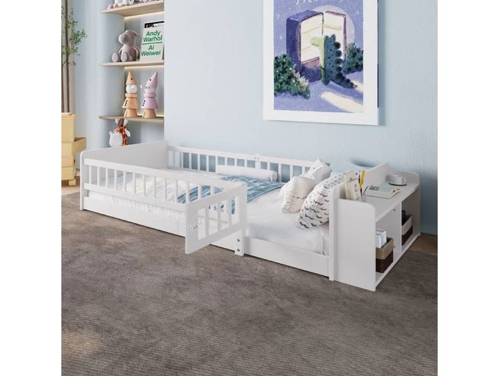 Lit combiné enfant - SOGEU - 90x200 - Bois massif pin - Rangement intégré - Barrière coulissante