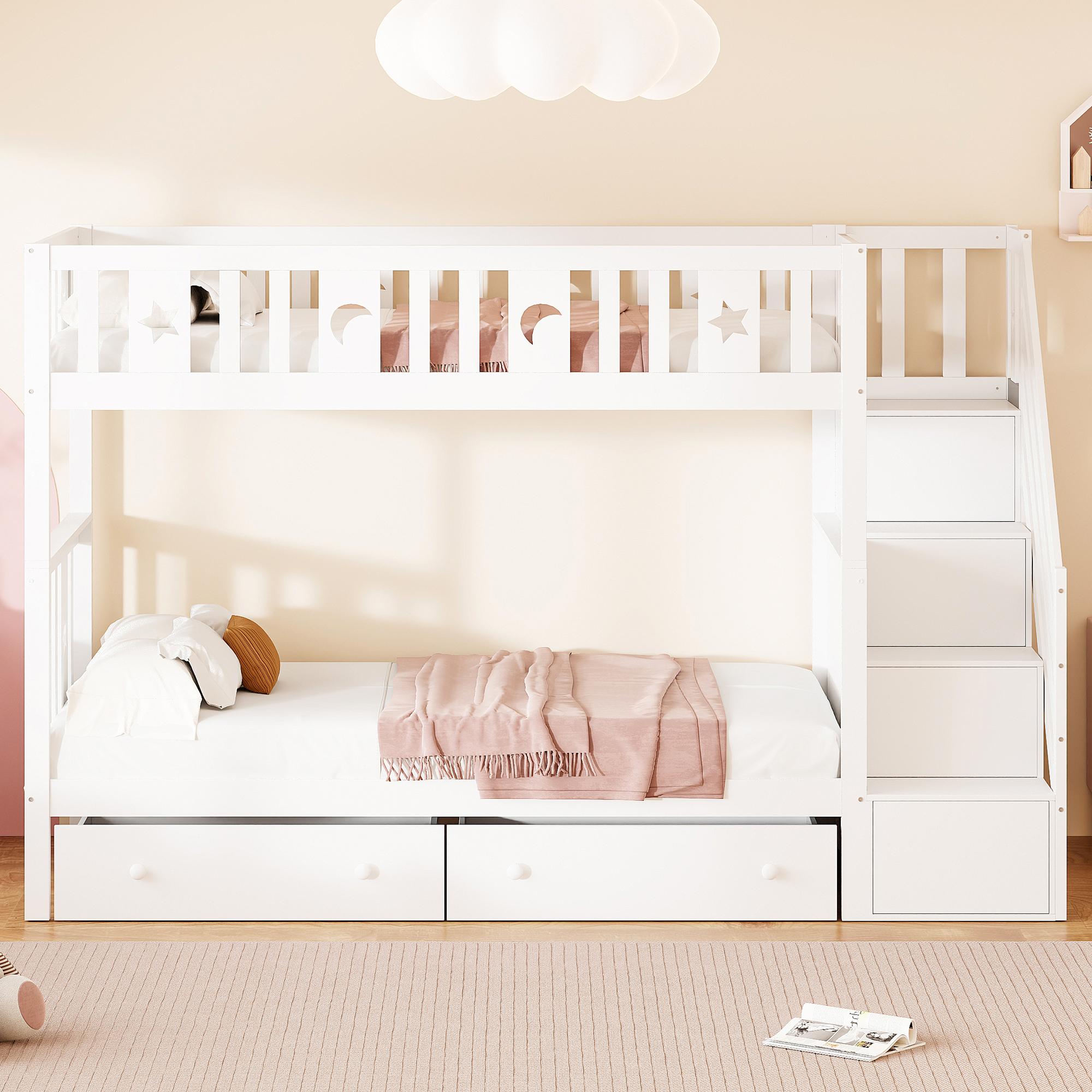 okwish Etagenbett Stockbett 90x200cm mit Stauraumleiter, Hochbett mit Rausfallschutz, Massivholzbett Kinderbett Bettgestell mit Lattenrost und zwei großen Schubladen, Weiß
