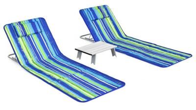 Costway 3 Pieces Beach Lounge Chair Mat Set 2 Adjustable Lounge Chairs with Table Stripe-Stripe