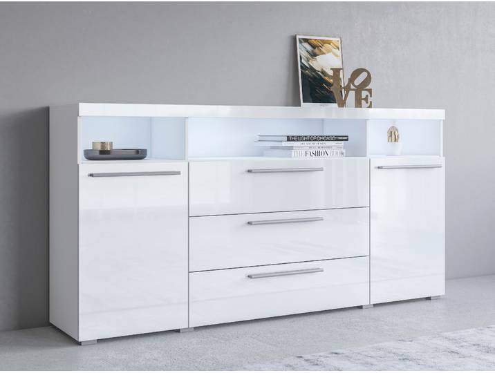 Sideboard GOODPRODUCT India,Breite 182cm moderne Anrichte 2Türen,3 Schubladen, Kombikommode , weiss (weiß, weiß hgl), B:182cm H:92cm T:38,5cm, Sideboards, Sideboard, Kommode viel Stauraum, Einlegeböden verstellbar,ohne Beleuchtung