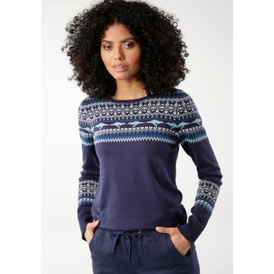Norwegerpullover KANGAROOS, Damen, Gr. 36/38, blau (marine), Strick, Obermaterial: 50% Baumwolle, 50% Polyacryl, figurbetont hüftbedeckend, Rundhals, Rippbündchen, Pullover Norwegerpullover, im winterlichen Design