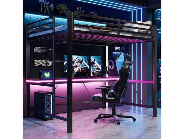 Lit mezzanine - YEHTOKHOME - Mezzanine 140x200 - Éclairage LED - Bureau intégré - Structure métal