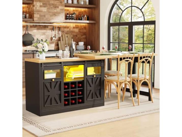 Multifunktionaler Esstisch Seiten-Schrank Kombination, 360° drehbare, smartes Farblichtsystem, Kücheninsel Esszimmermöbel im modernen Design, Platzsparmöbel für Kücheninsel & Essbereich, Schwarz