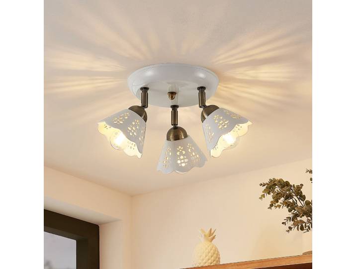 Lindby Deckenstrahler Efgenia, Ø 40 cm, 3-flg., Keramik, E14 - Wohnzimmer - Landhaus / Rustikal - Mehrflammig