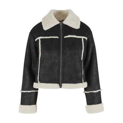 Wintermantel URBAN CLASSICS "Urban Classics Ladies Shearling Jacket", Damen, Gr. M, schwarz-weiß (schwarz, sandweiß), 100% Polyester, Mäntel Wintermantel