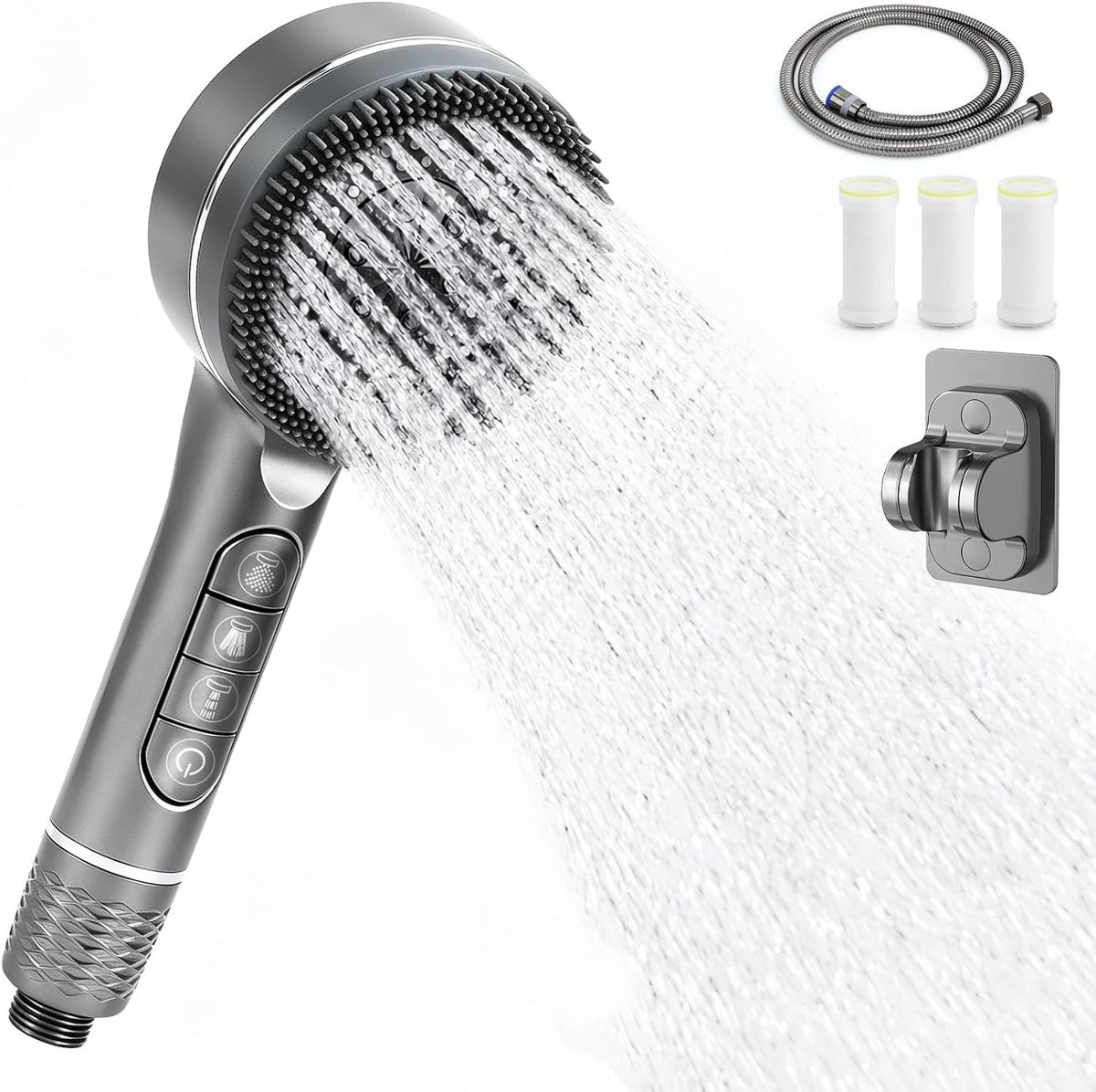 Zwarte waterbesparende handdouche met filter en slanghouder