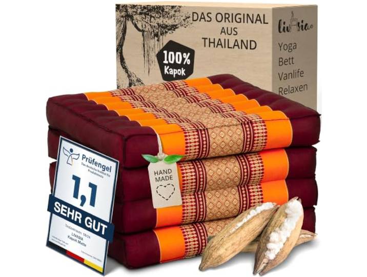 livasia Nachhaltige Klappmatratze aus Kapok - 200x50x8cm - platzsparend, ökologische Yogamatte, Garten Lounge/Liege, Balkon, Bodensofa, Palettensofa (Orange)