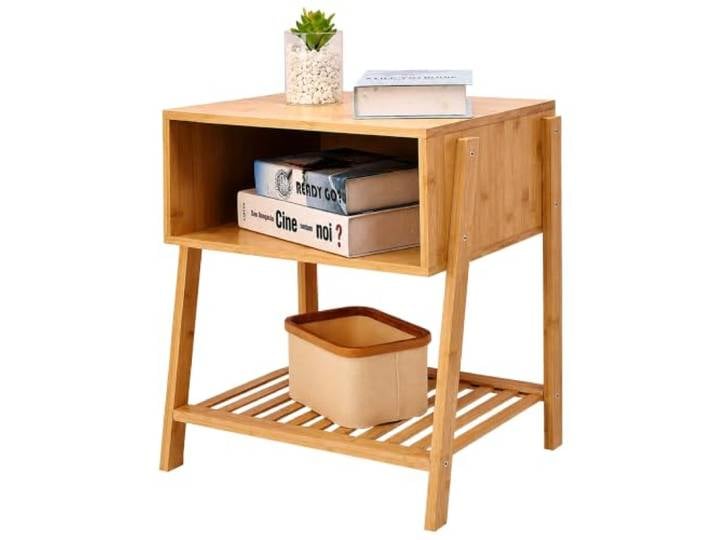 Relaxdays Table de Chevet Bambou\, Niche Ouverte\, étagère grillagée H x l x P : 50 x 45 x 36 cm\, chambre à coucher\, table de chevet