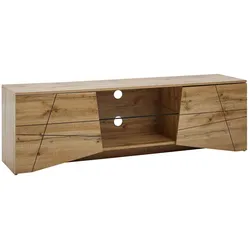 TV-Board Kommode 160cm MDF Eiche Dekor Design Lowboard mit 2 Türen & Glas Ablage Fernsehschrank