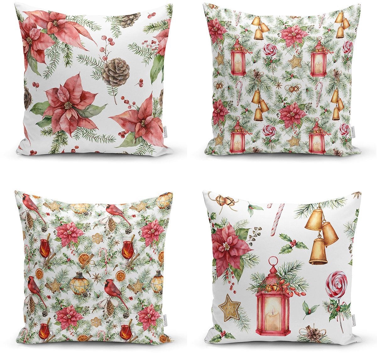 De Groen Home Sierkussen Velvet Set van 4 stuks - Kerst Bloemen - 45 x 45 cm - Inclusief binnenkussen