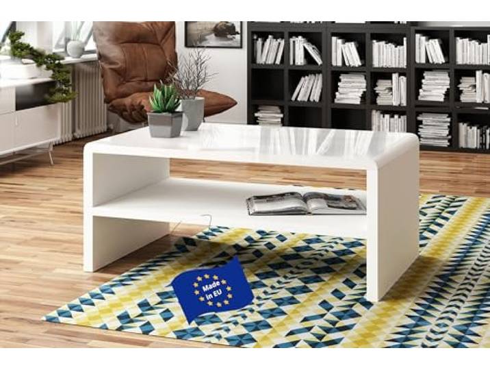 Mazzoni Rock Couchtisch Weiß Hochglanz 110x60cm mit praktischer extra Ablage modern stabil Wohnzimmertisch Beistelltisch Sofatisch Zeitloses Design platzsparend Wohnzimmer kleine Räume