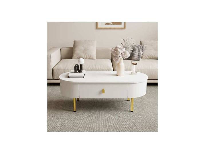 ®TONLRGY Table basse à deux tiroirs poignées et pieds dorés coins incurvés 108*50*40cm blanche