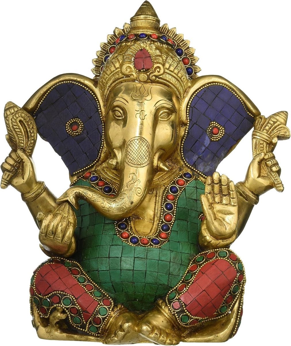 Handgemaakt Messing Ganesh Standbeeld - Olifant God Beeldje voor Huisdecoratie - Turkoois - Hoogte: 28 cm