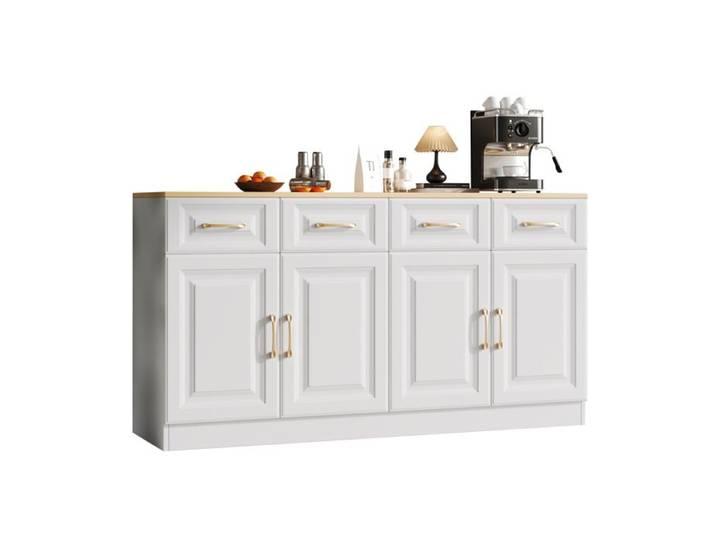 Buffet bas 140 cm – 4 tiroirs 4 portes – Blanc et chêne