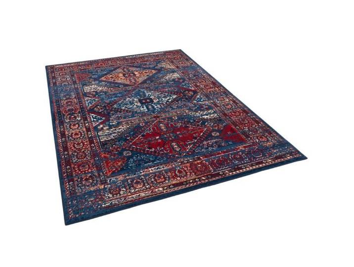 Tapis - PERGAMON - Pop-Vintage - 140x200 cm - Bordure Bleu Rouge - Motifs Vintage