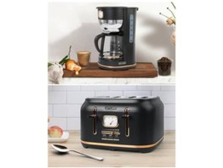PACK CAFETIERE RETRO VINTAGE 1000W SANS FIL NOIRE DORE + GRILLE-PAIN NOIRE 1800W 4 FENTES NOIR DORE
