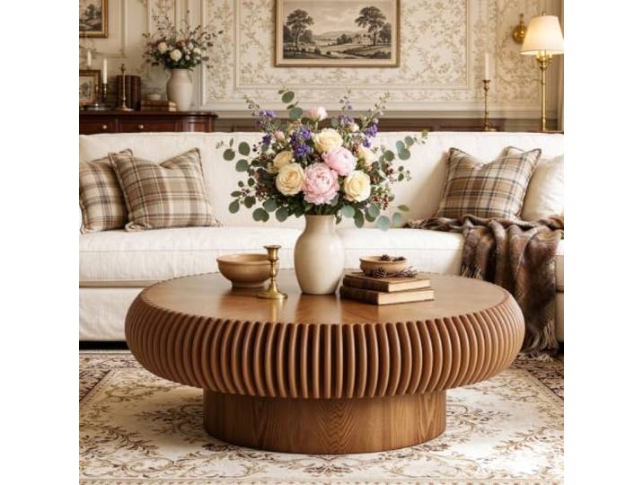 SOUWOFS Vintage runder Couchtisch Geriffelter Holz-Mittel­tisch für das Wohnzimmer, brauner Sofatisch mit rutschfesten Füßen