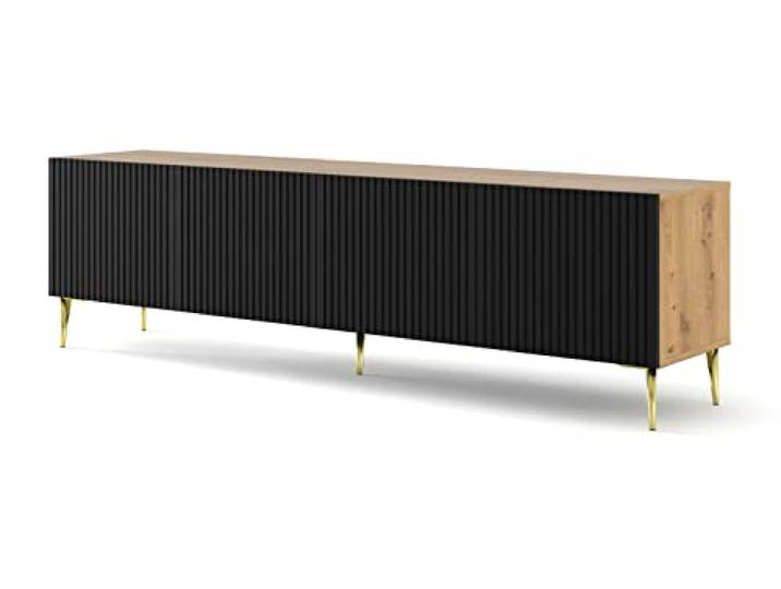 Lowboard TV Schrank Ravenna B 4D 200 cm gefräste dekorierte MDF-Fronten auf goldenen Metallbeinen Stehen Unterschrank Fernsehschrank TV Board Sideboard HiFi-Tisch (Artisan Eiche + Schwarz Matt)