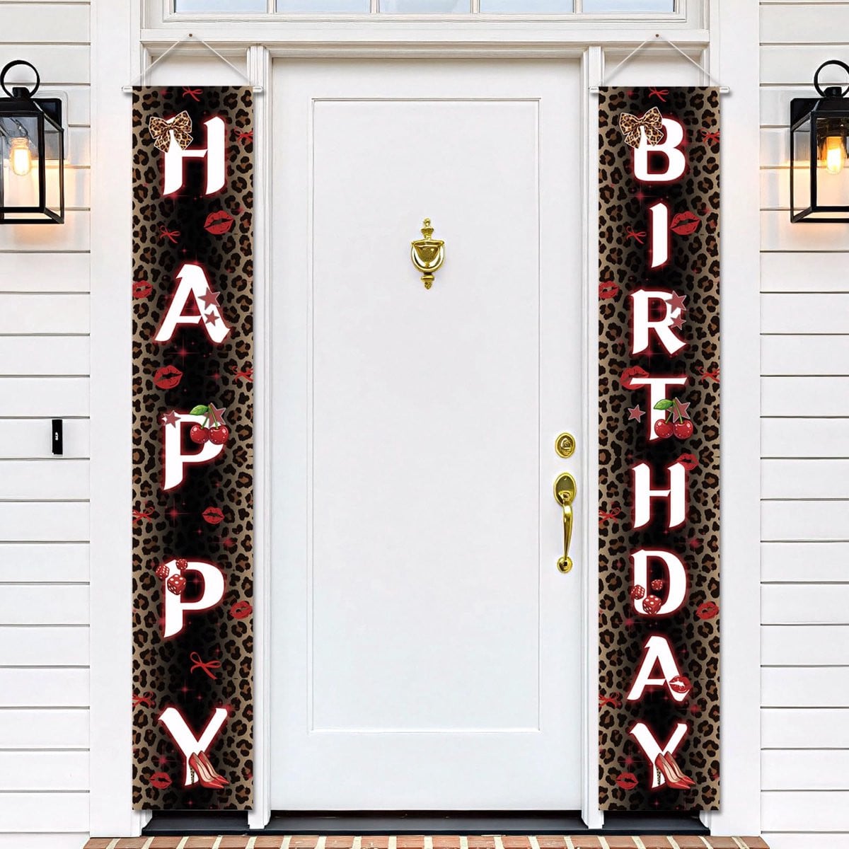 Cherry Rode Happy Birthday Banner met Luipaardprint en Safari-dieren voor Muur- en Deurdecoratie