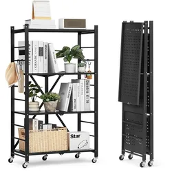 VEVOR 4 Etagen, Klappbare Regale mit Rädern, 33x66x117cm, Faltbares Schwerlastregal, montagefreies Standregal, Haushaltsregal, Küchenregal, Metallregal für Garage, Küche, Keller, schwarz